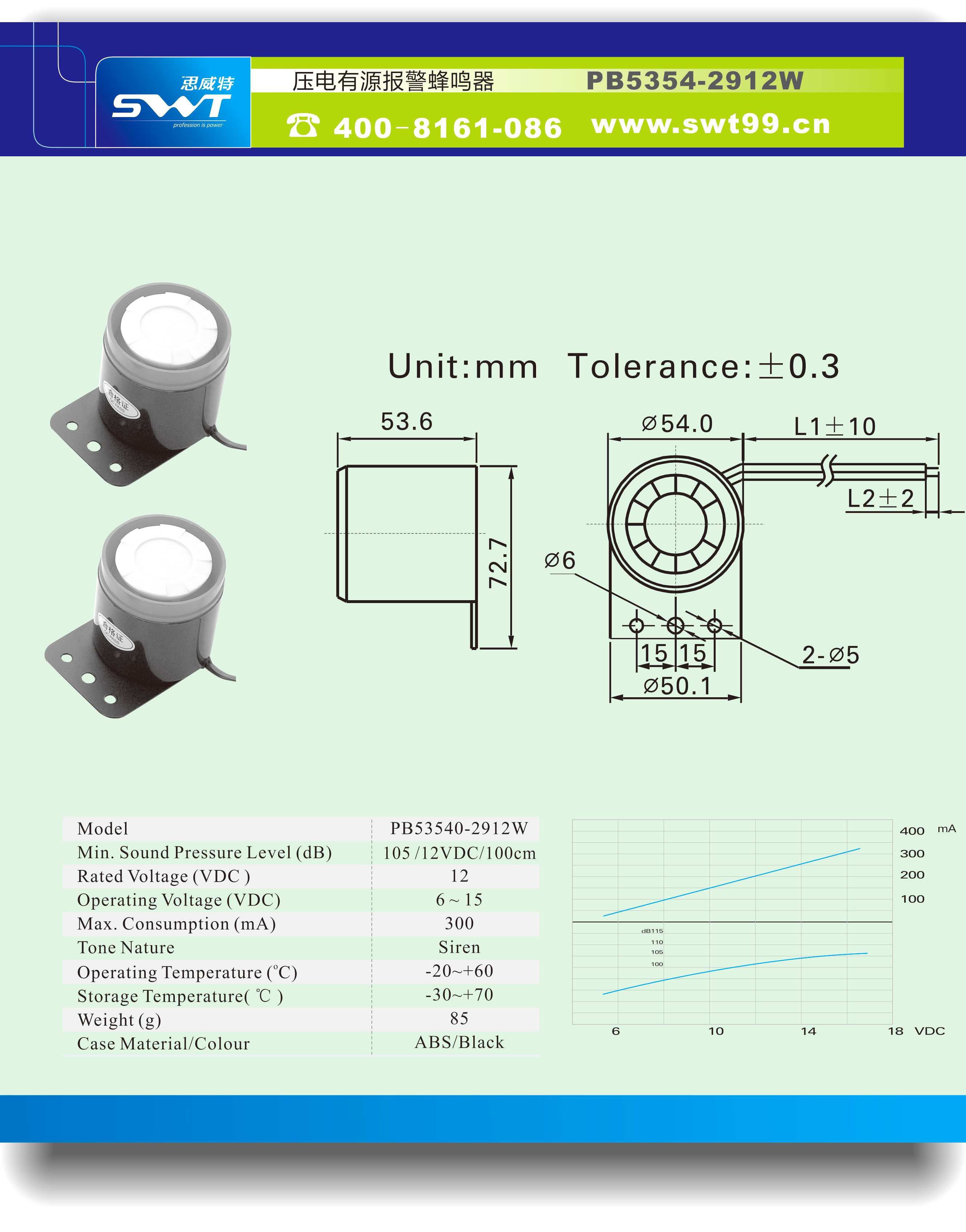 压电蜂鸣器 直径53mm 频率2.9KHz PB53540-2912W111